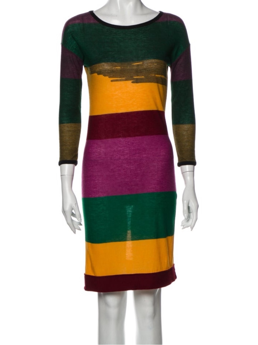 Sonia Rykiel Green, Yellow, Magenta & Burgundy Striped Wool Knit Dress Size S